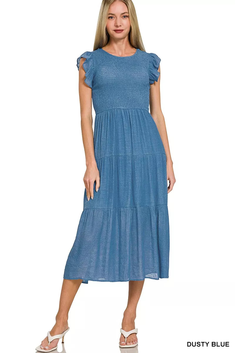ruffle shoulder midi dress Zenana Woven Smocked Ruffle Sleeve Midi Dress – Charming Charlie