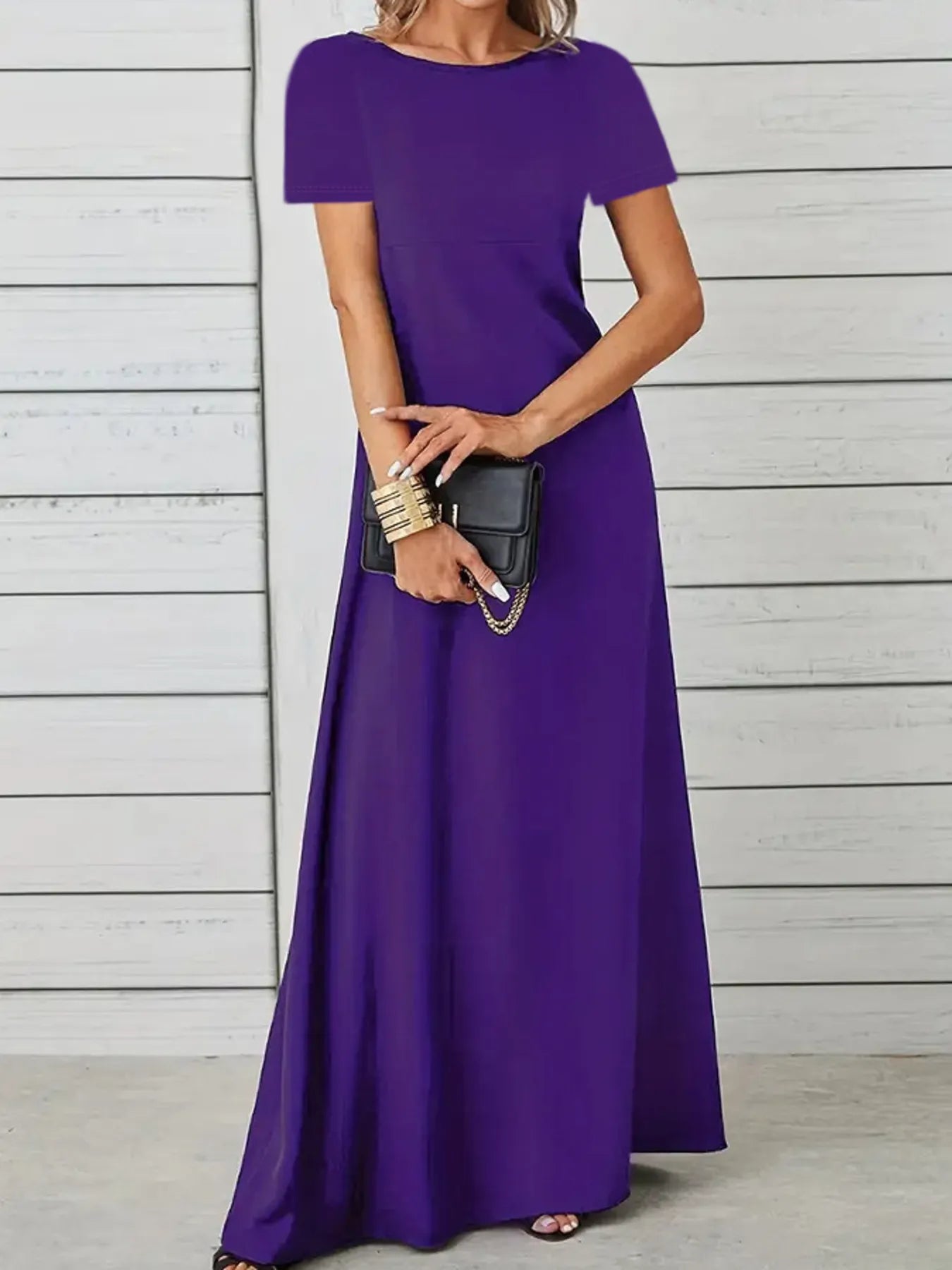 Full Size Round Neck Short Sleeve A-Line Maxi Dress Plus Size - Purple / S Full Size Round Neck Short Sleeve A-Line Maxi Dress Plus Size - Purple / S