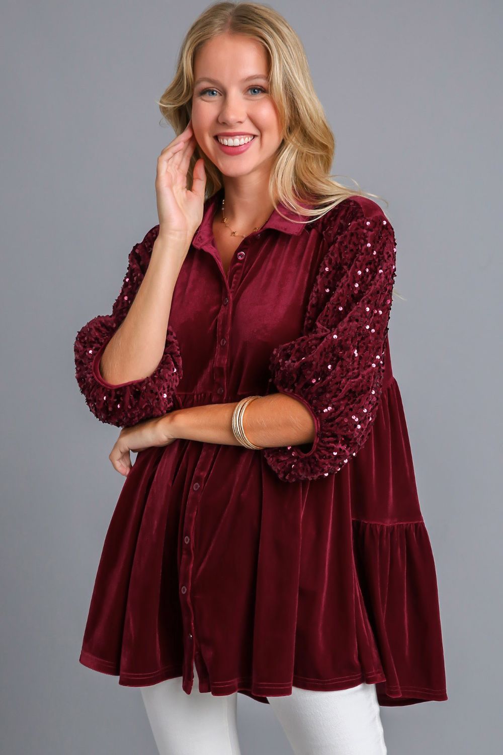 Umgee Sequin Detail Tiered Back Half Sleeve Shirt - Charming Charlie