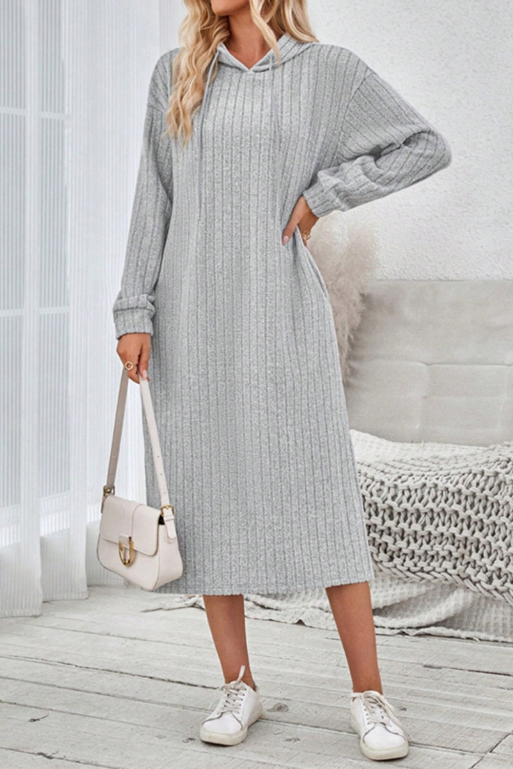 Side Slit Drawstring Long Sleeve Hooded Dress - Charming Charlie