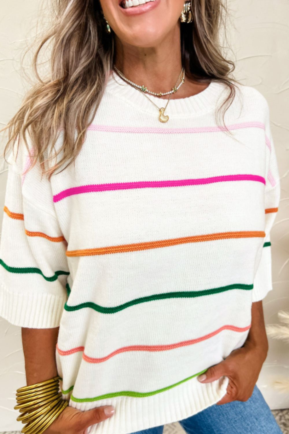 Striped Half Sleeve Drop Shoulder Sweater - Charming Charlie
