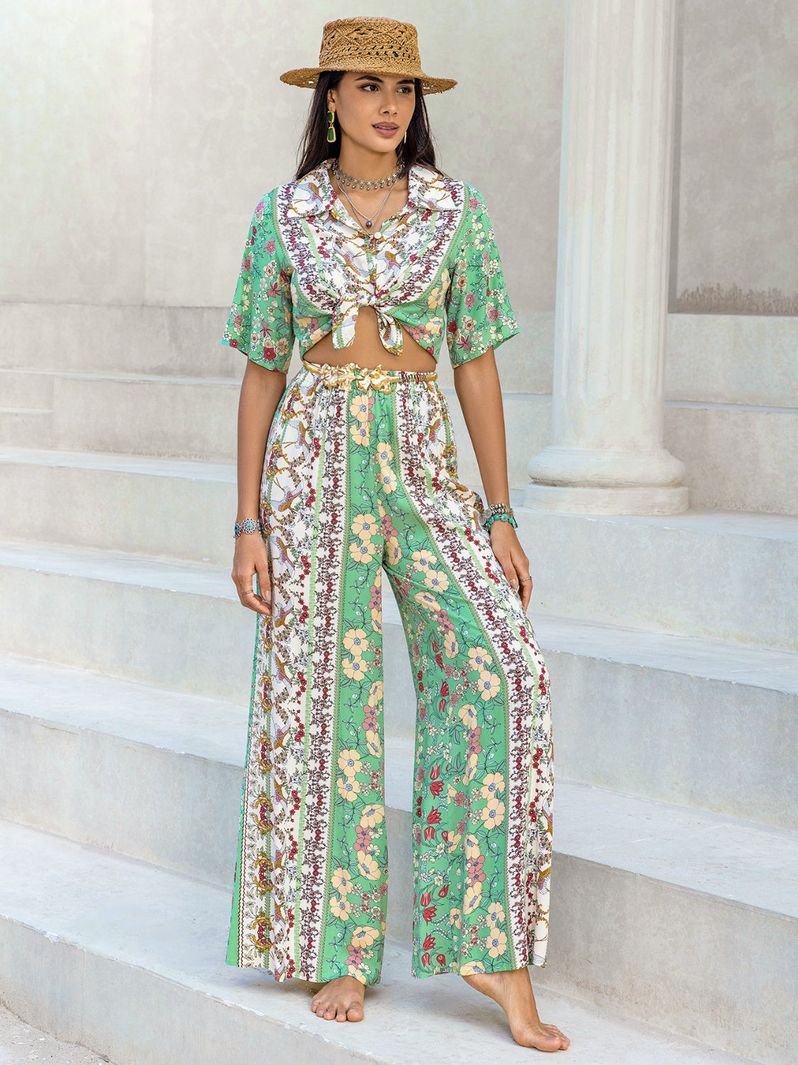 Printed Half Sleeve Top and Wide Leg Pants Set - Charming Charlie