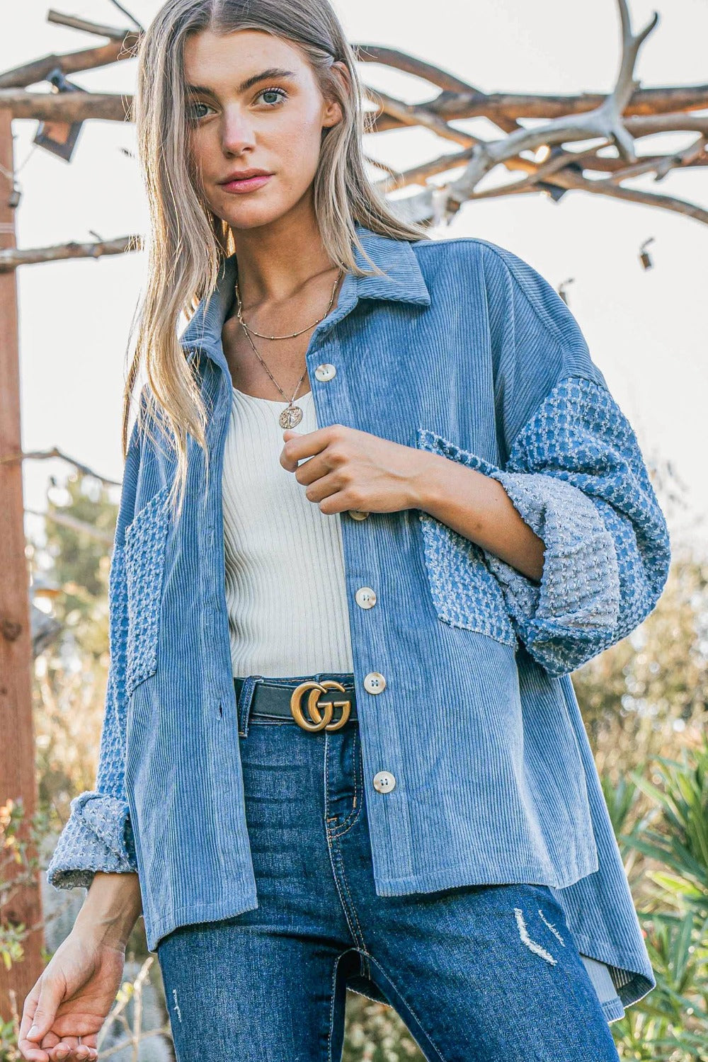 Corduroy Boho Patch Button Shirt Shacket