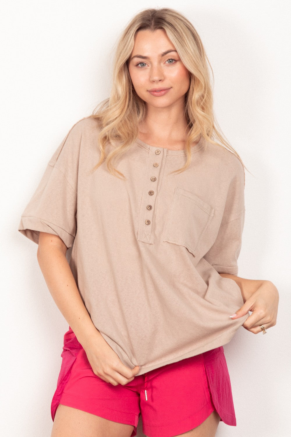 VERY J Twisted Sleeve Band Half Button Top - Charming Charlie