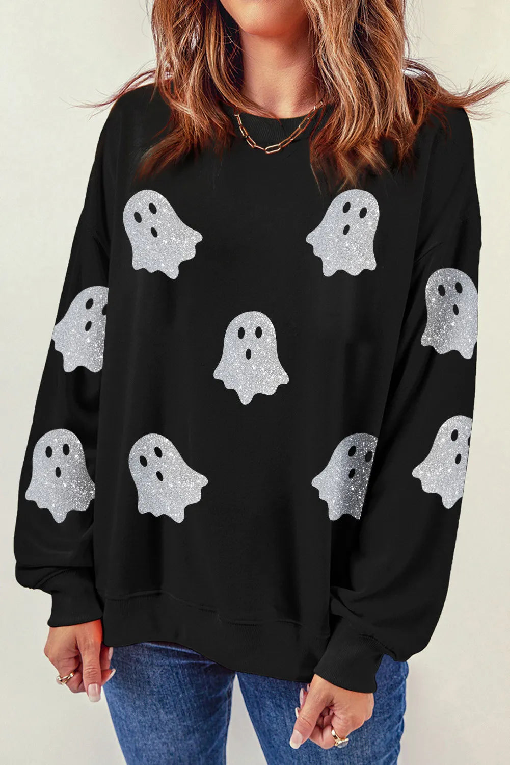 Glitter Round Neck Long Sleeve Sweatshirt - Charming Charlie