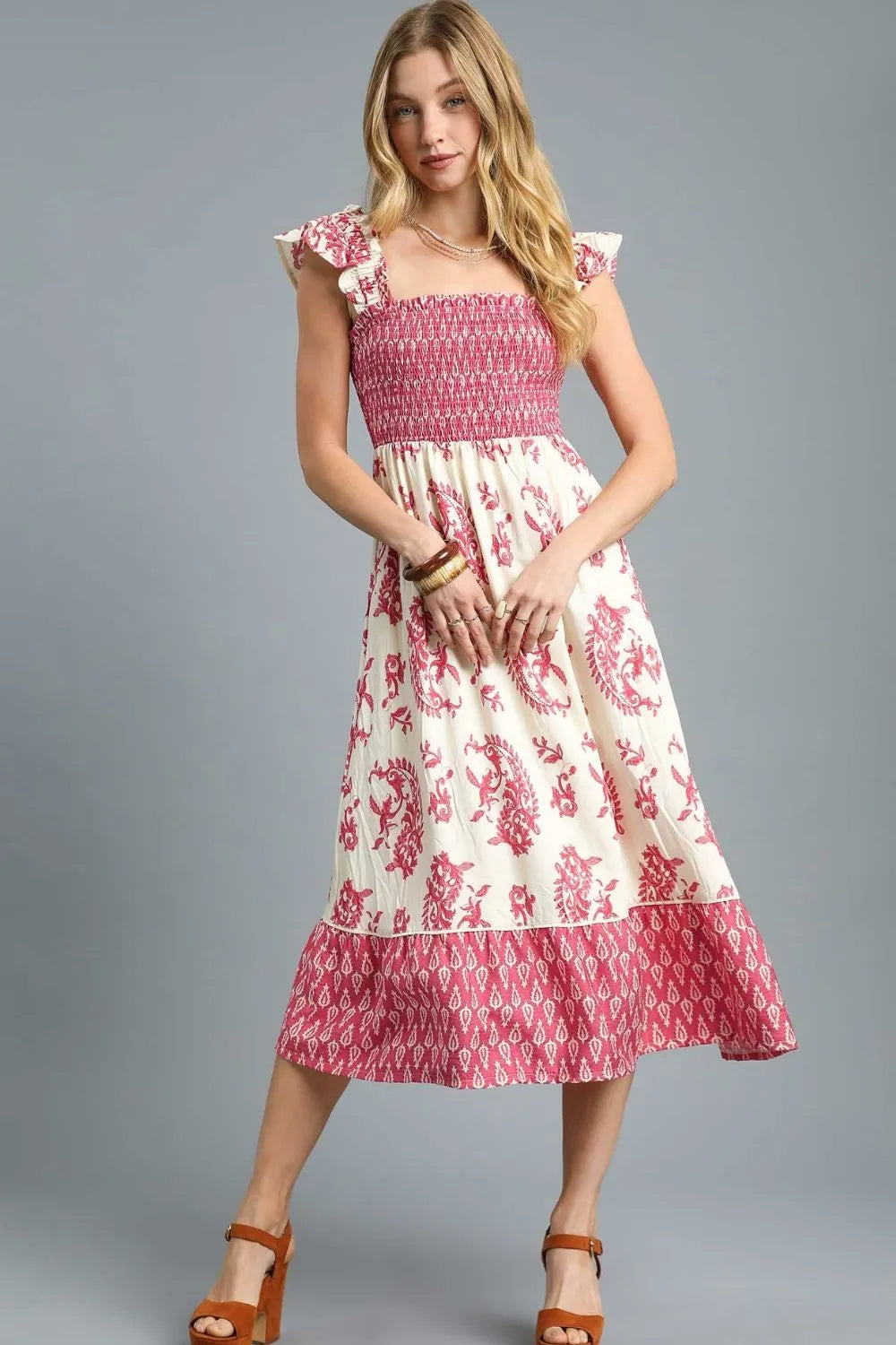 Umgee Printed Smocked Midi Dress with Ruffle Details – Charming Charlie