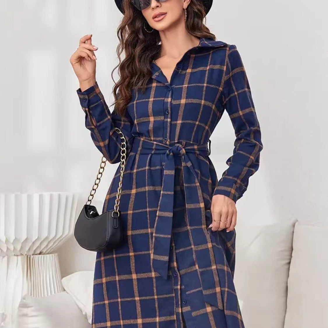 blue plaid dress amazon Plaid Tie Waist Long Sleeve Dress Navy / 2XL