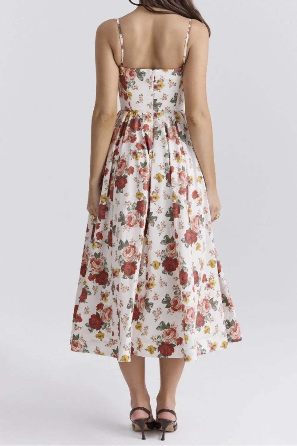 Floral Shirred High Waist Spaghetti Straps Dress