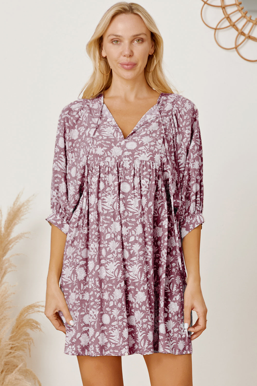 Floral Tie Neck Ruched Babydoll Dress - Charming Charlie