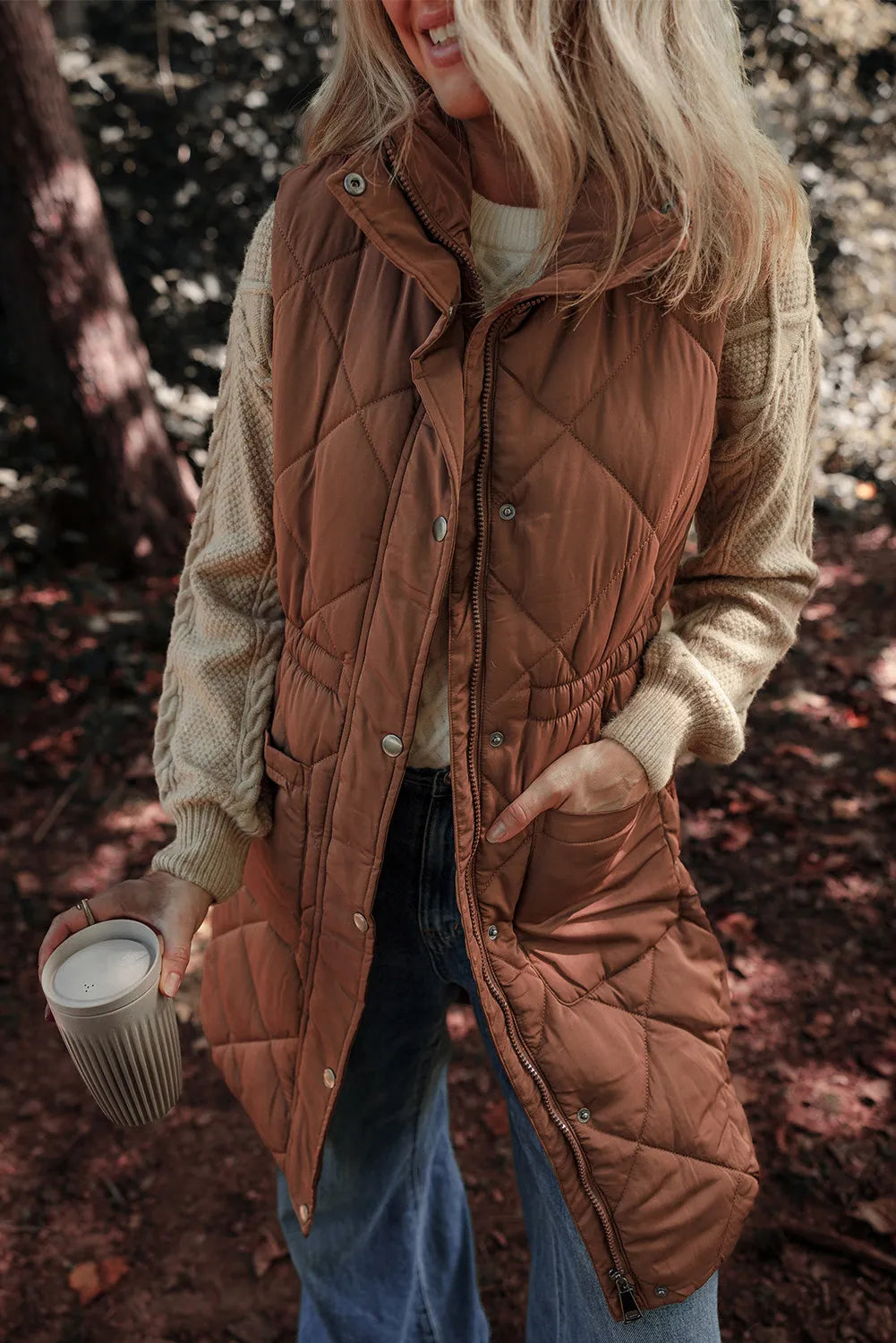 Pocketed Zipper and Button Vest Coat - Charming Charlie