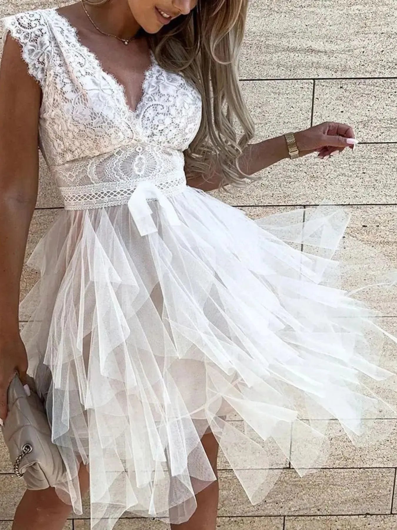 layered tulle dress Lace Bodice Layered Tulle Dress White / S
