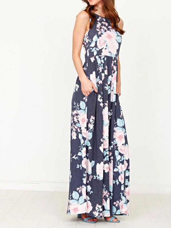 Vintage Floral Maxi Dress with Hidden Pocket Navy / XL Vintage Floral Maxi Dress with Hidden Pocket Navy / XL