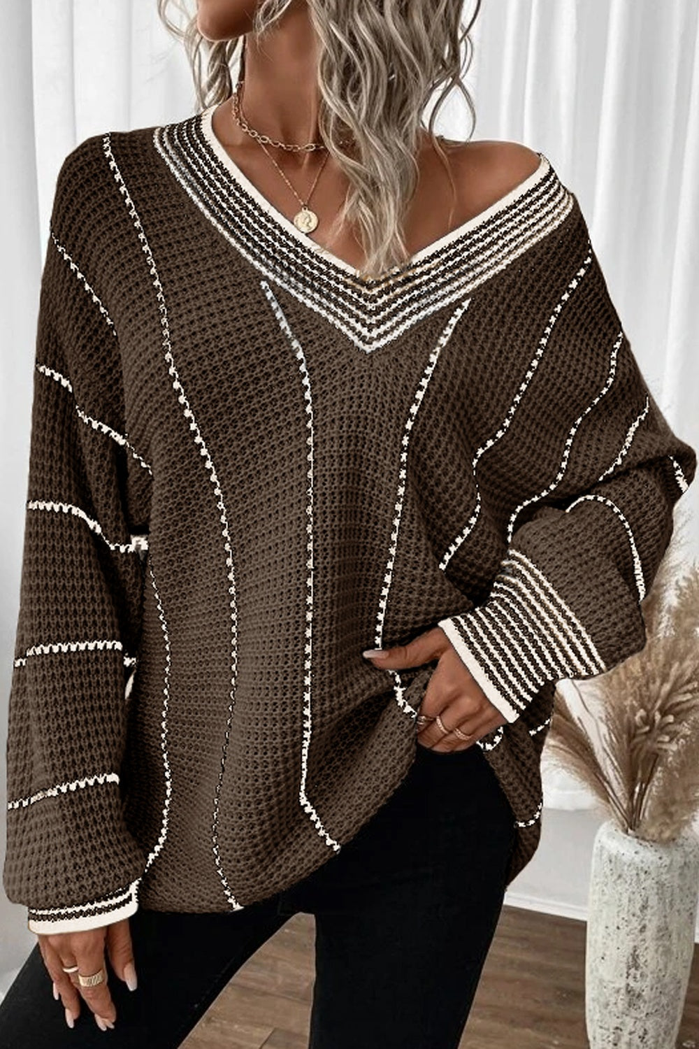 Angel Wings Striped V-Neck Dropped Shoulder Button-Up Cardigan main image 0