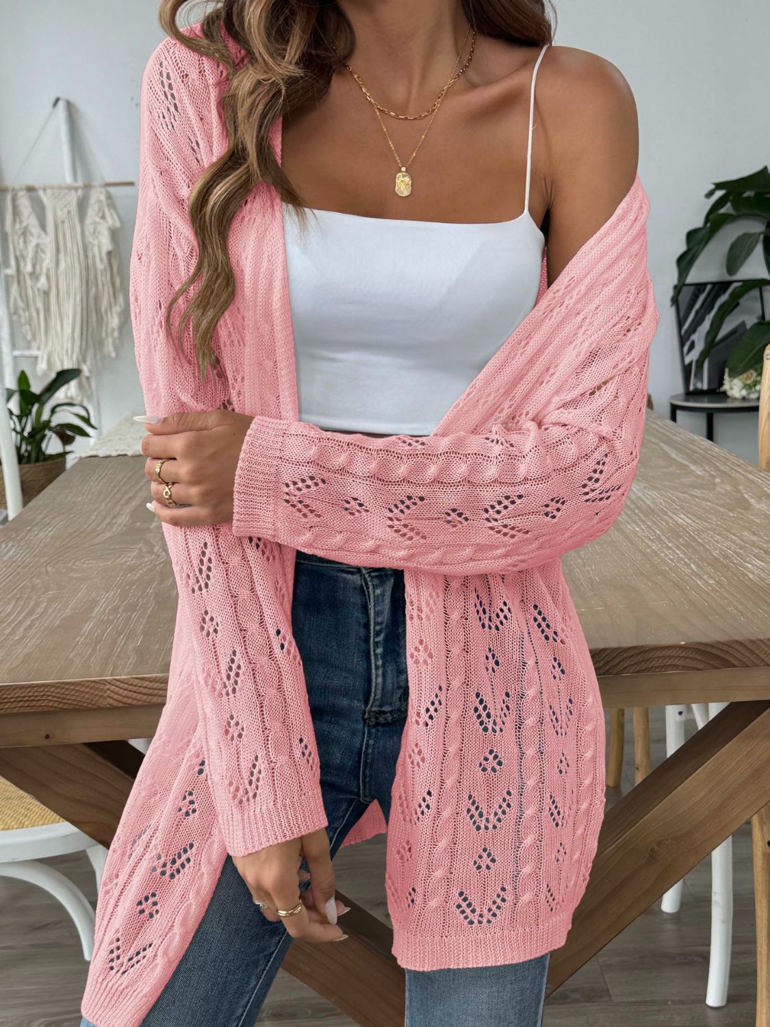 Openwork Open Front Long Sleeve Cardigan – Charming Charlie