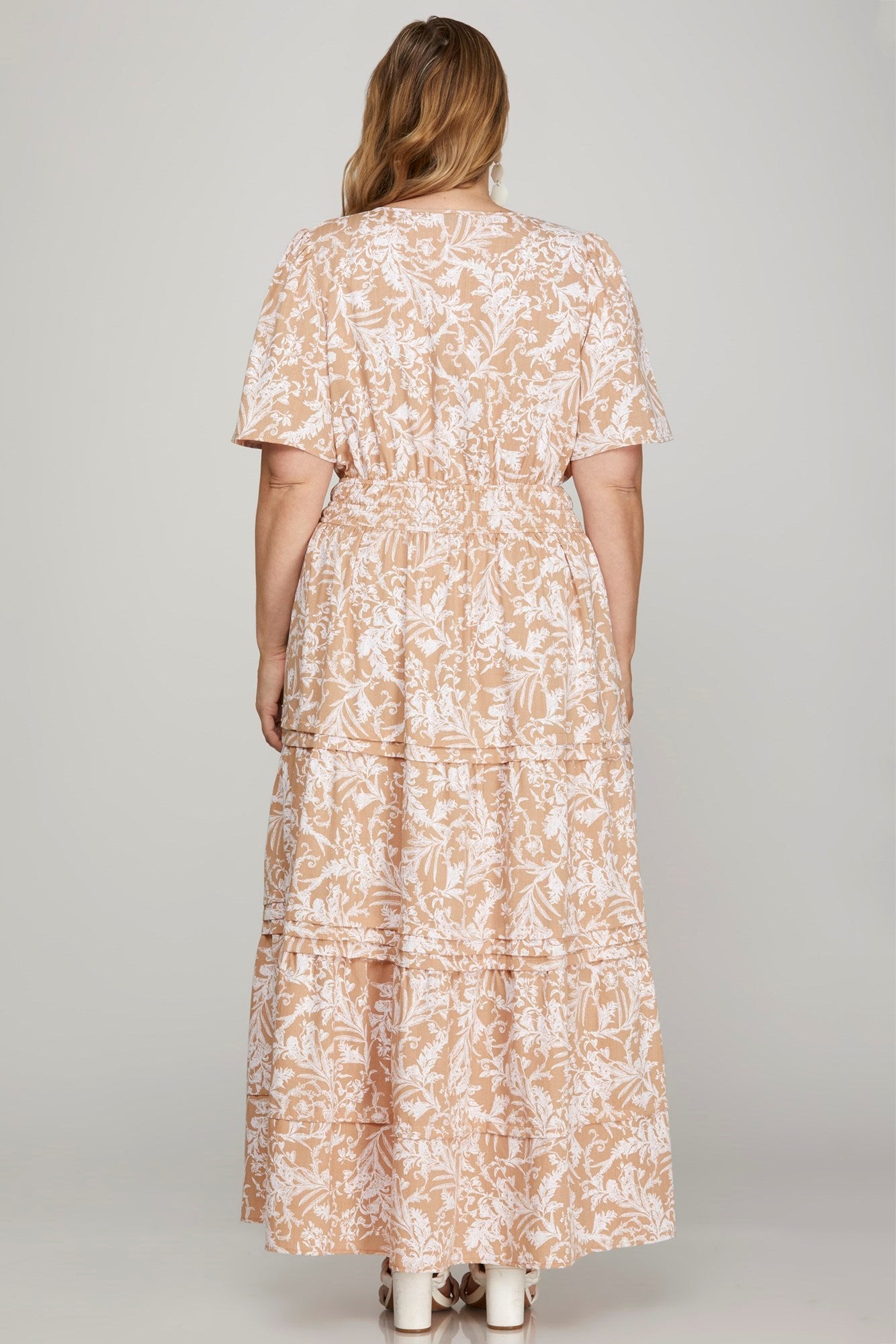 She + Sky Printed Notched Woven Tiered Pintuck Maxi Dress with