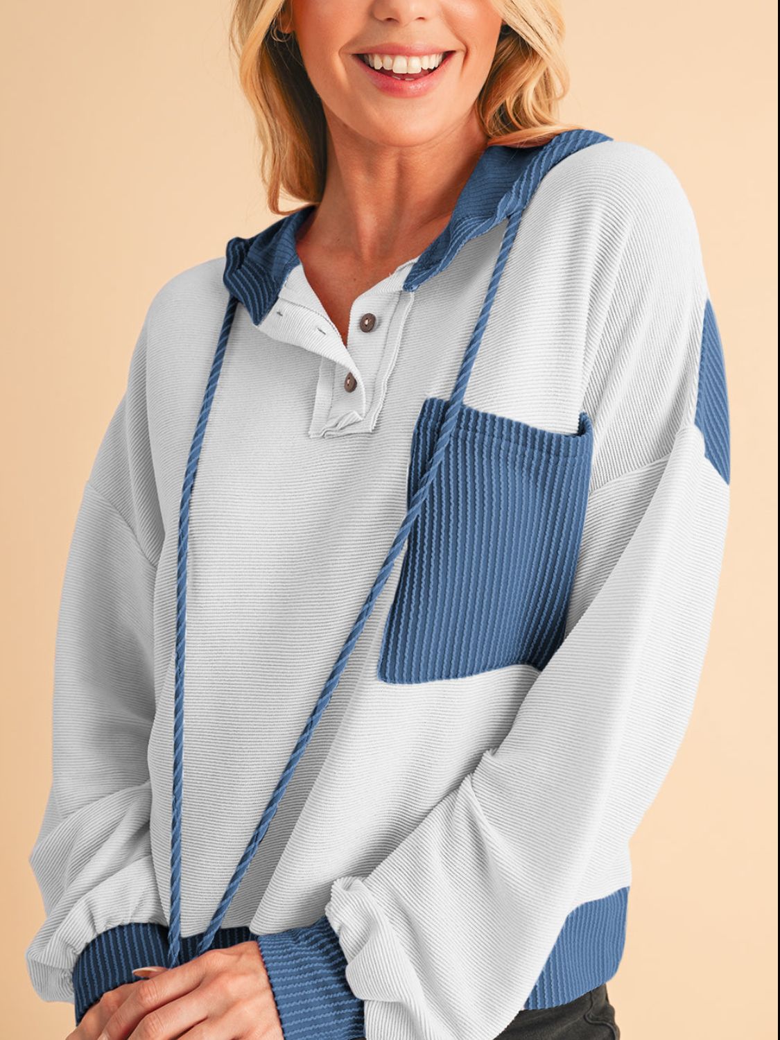 Corded Color Block Drawstring Hoodie - Charming Charlie