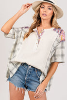 SAGE + FIG Plaid Half Button Gauze Top - Charming Charlie