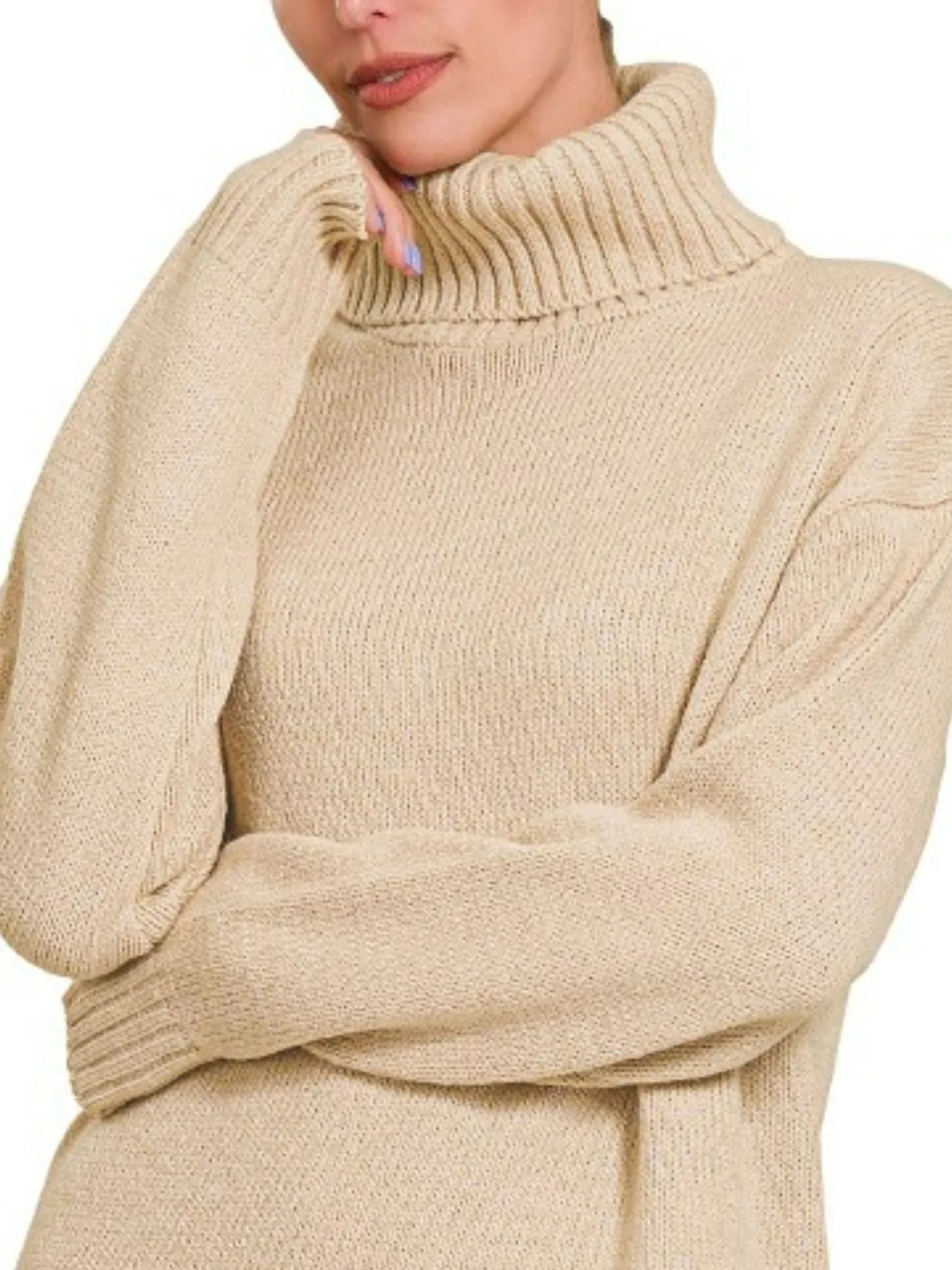 Zenana Turtle Neck Long Sleeve Midi Sweater Dress H BEIGE / M Zenana Turtle Neck Long Sleeve Midi Sweater Dress H BEIGE / M