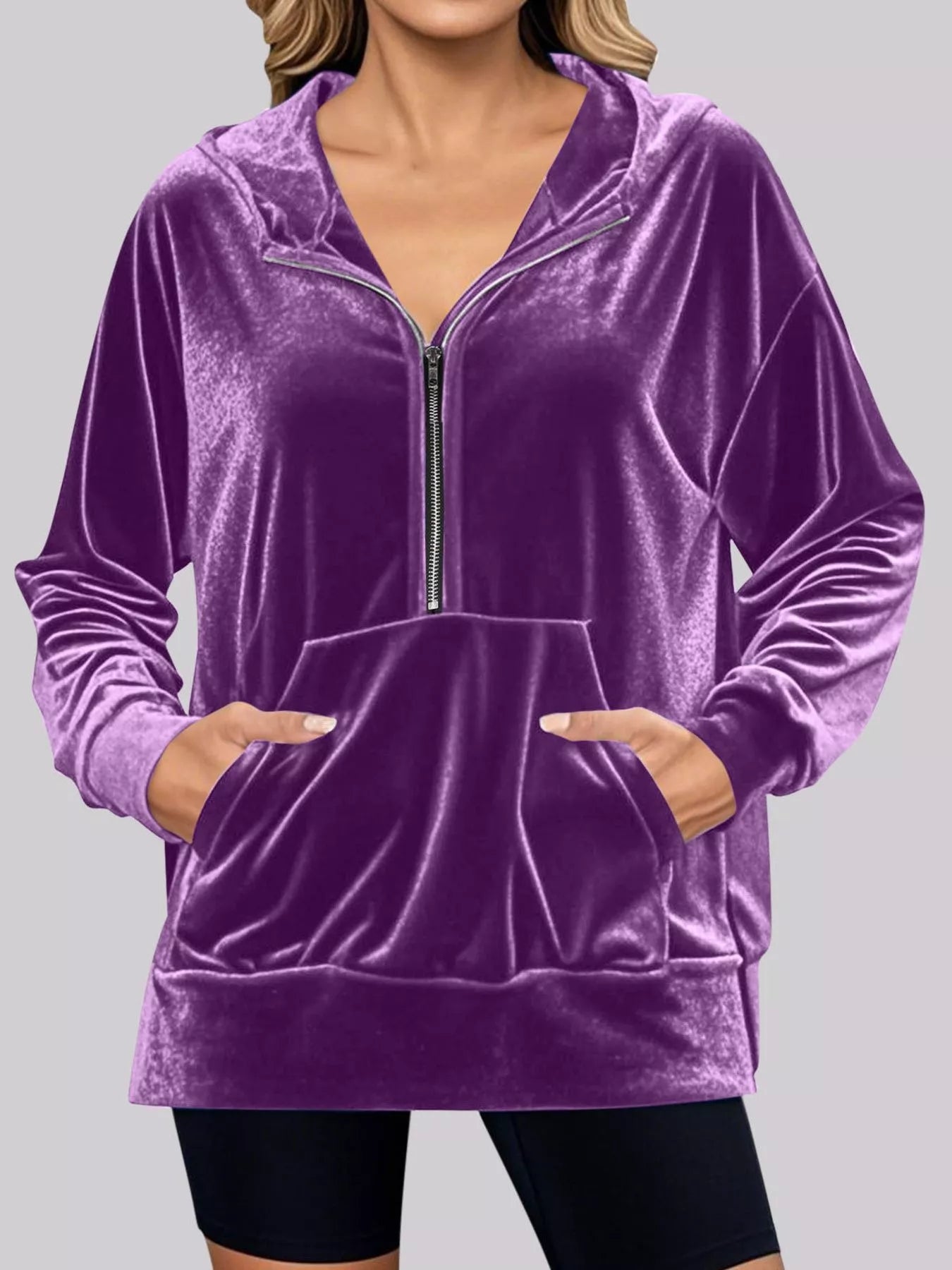 Full Size Half Zip Kangaroo Pocket Hoodie Plus Size – Charming Charlie