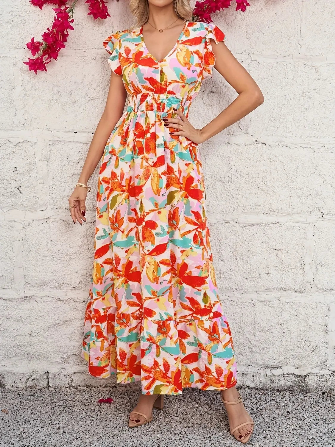 Ruffled V-Neck Cap Sleeve Dress Orange / S