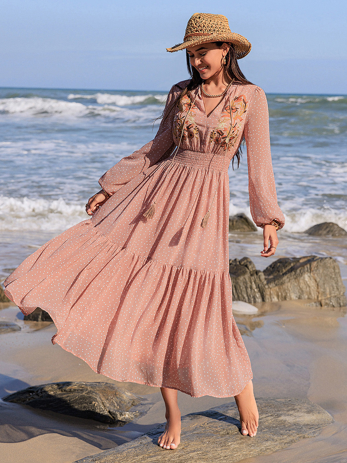 Embroidered Polka Dot Tie Neck Long Sleeve Midi Dress – Charming