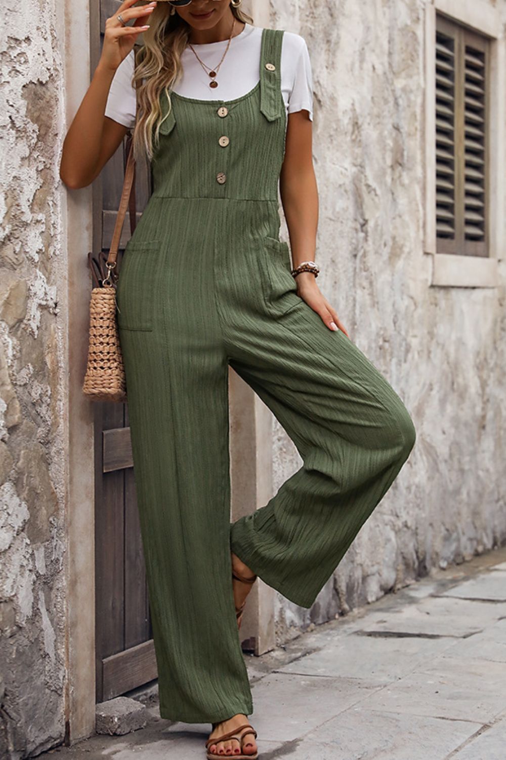Textured Pocketed Wide Strap Overalls - Charming Charlie