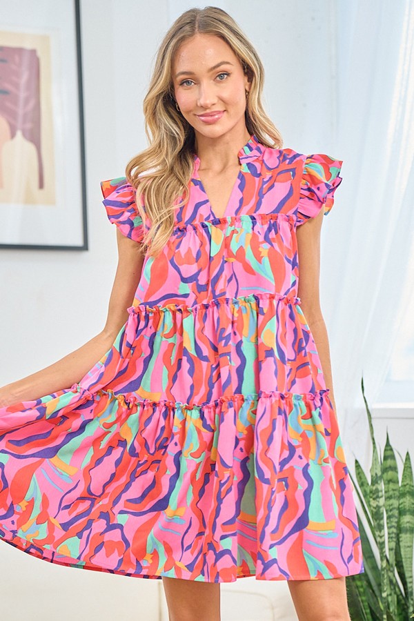 First Love Full Size Printed Ruffle Cap Sleeve Tiered Dress  Charming ...