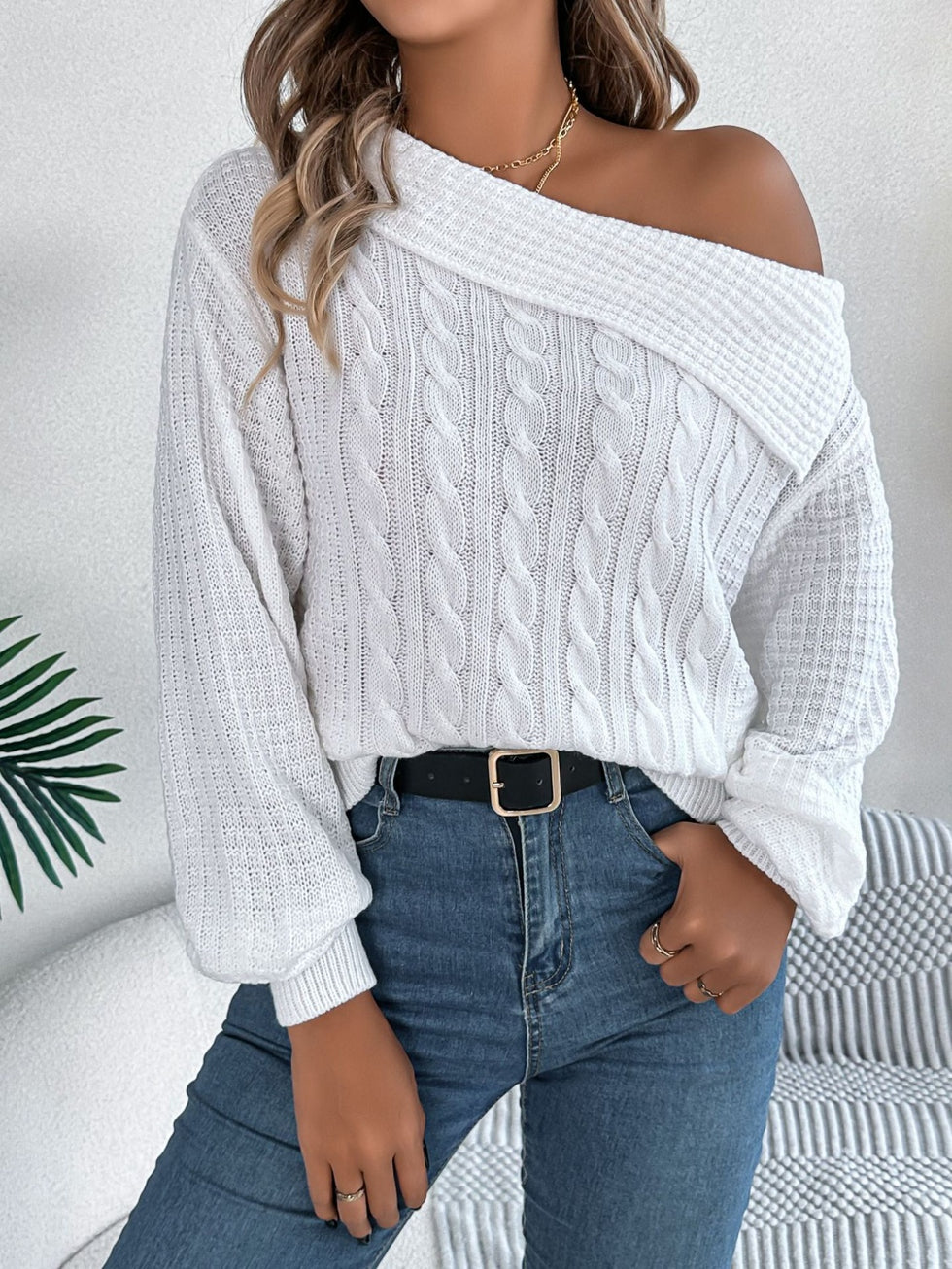 Solid Color Casual One Shoulder Long Sleeve Knitted Sweater
