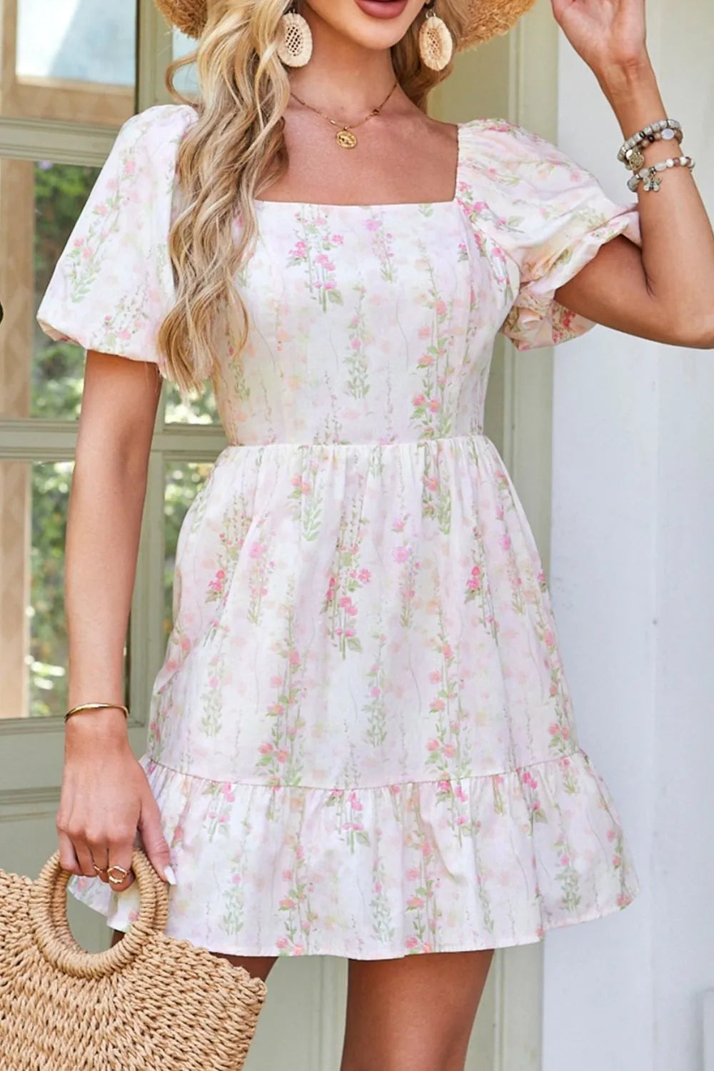 Floral Puff Sleeve Square Neck Knotted Open Back Ruffled Mini Dress Floral Puff Sleeve Square Neck Knotted Open Back Ruffled Mini Dress