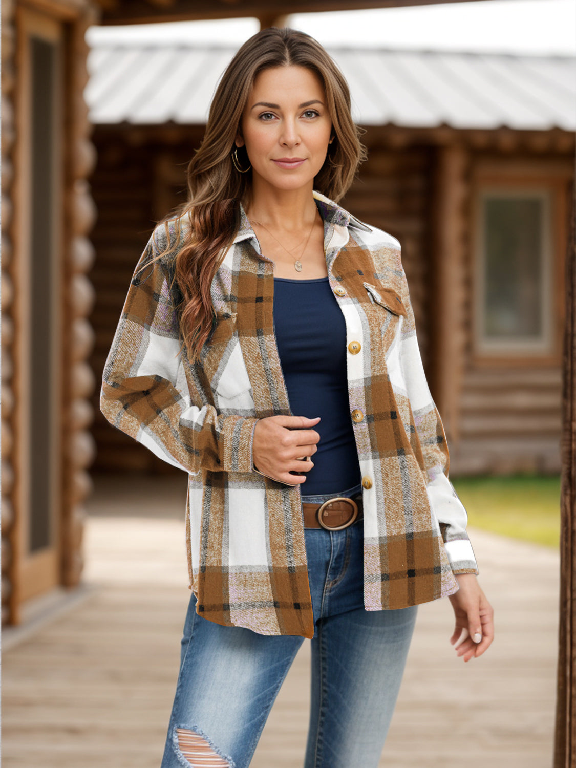 Full Size Pocketed Plaid Collared Neck Shacket - Charming Charlie