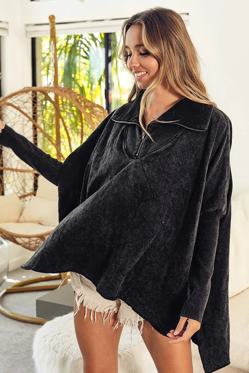 Bibiy ♡ MELINDA CAPE BLACK BiBi Vintage Washed Quilted Half Zip Top – Charming Charlie