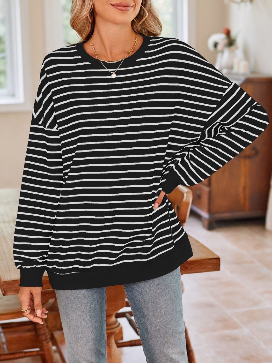 Striped Round Neck Long Sleeve Sweatshirt - Charming Charlie