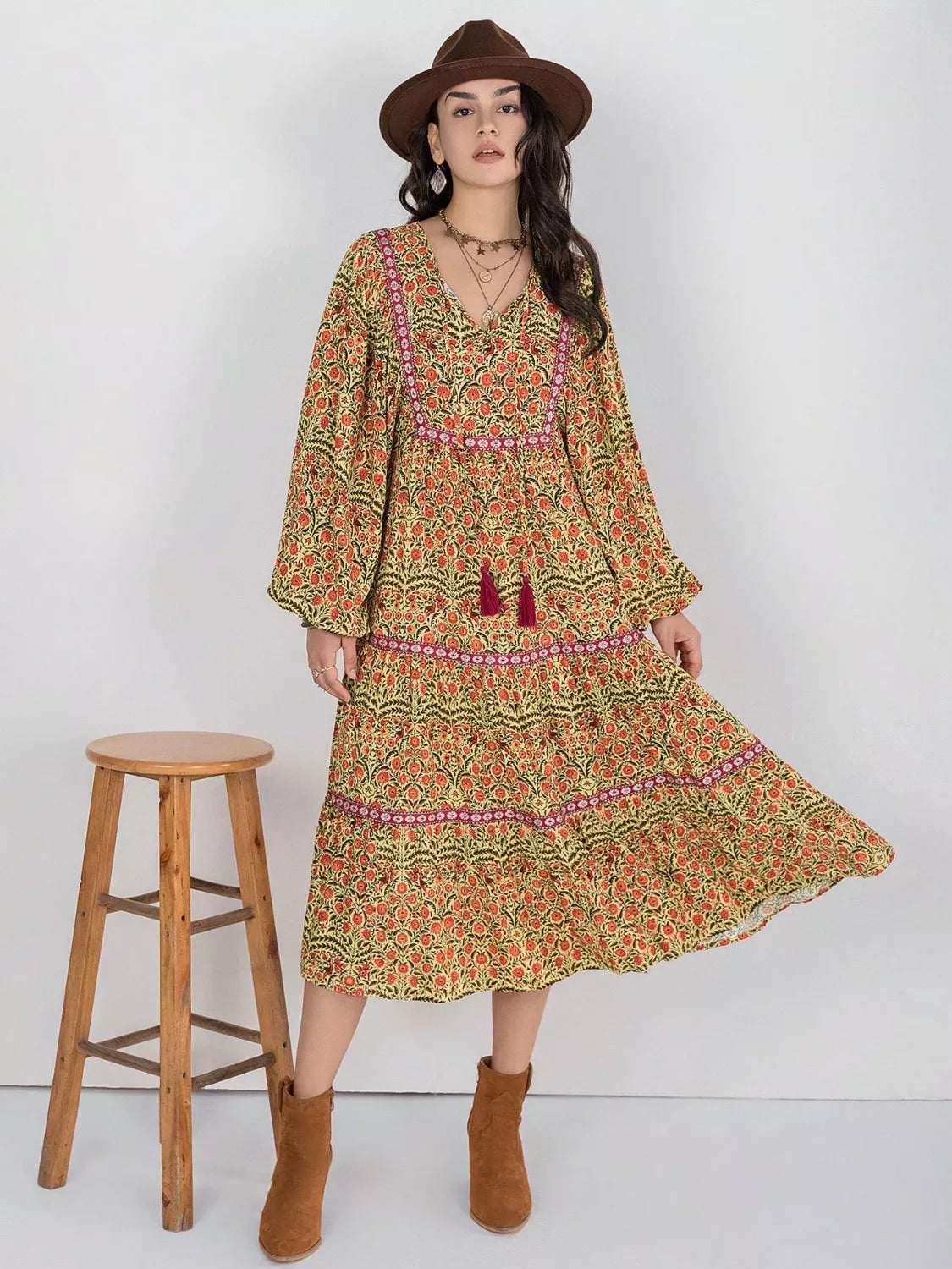floral tiered midi dress Floral Tiered Midi Dress with Balloon Sleeves Mustard / S