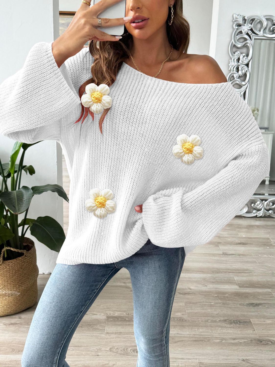Flower Round Neck Long Sleeve Sweater - Charming Charlie