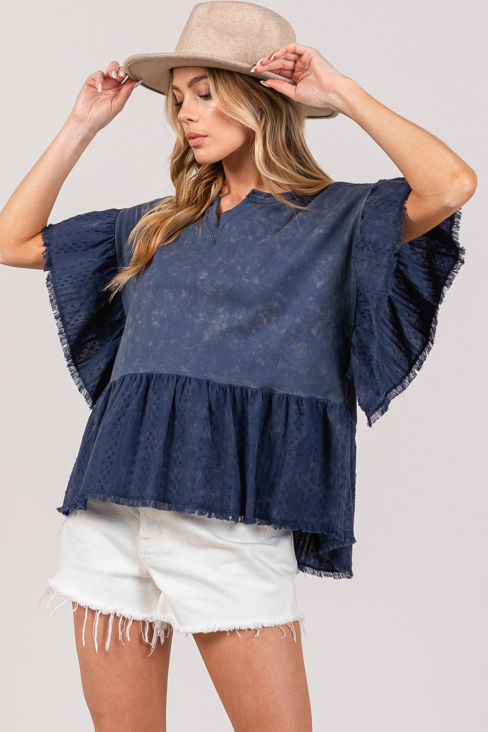 SAGE + FIG Ruffle Sleeve Washed Short Sleeve Blouse - Charming Charlie