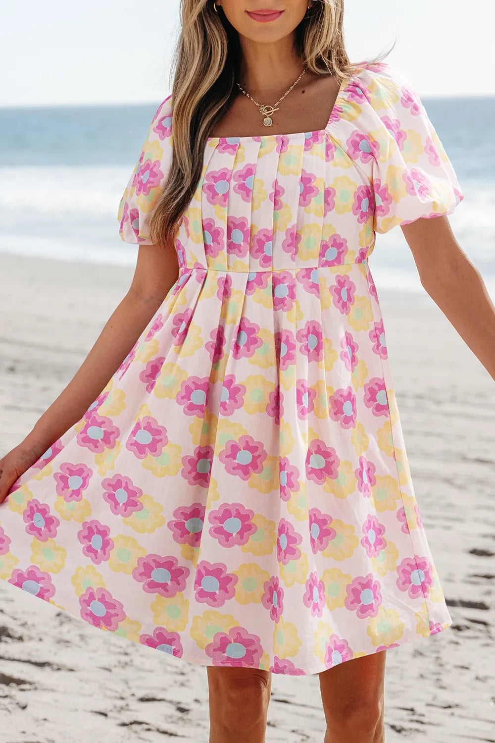 Floral Square Neck Puff Sleeve Pleated Flared Midi Dress – Charming Charlie