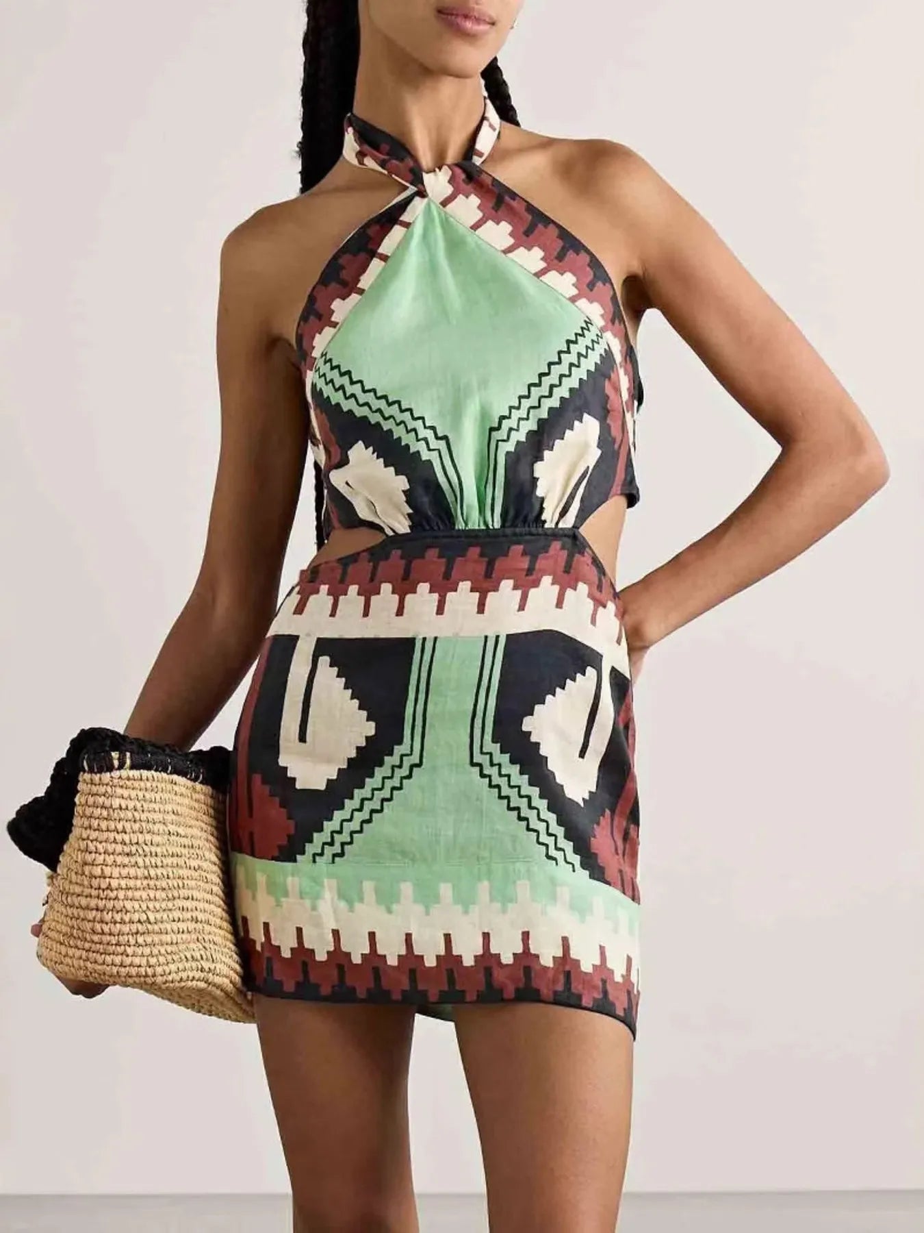 geo print halter dress Janise Riad Print Halter Dress in Light Crinkle Gauze XS