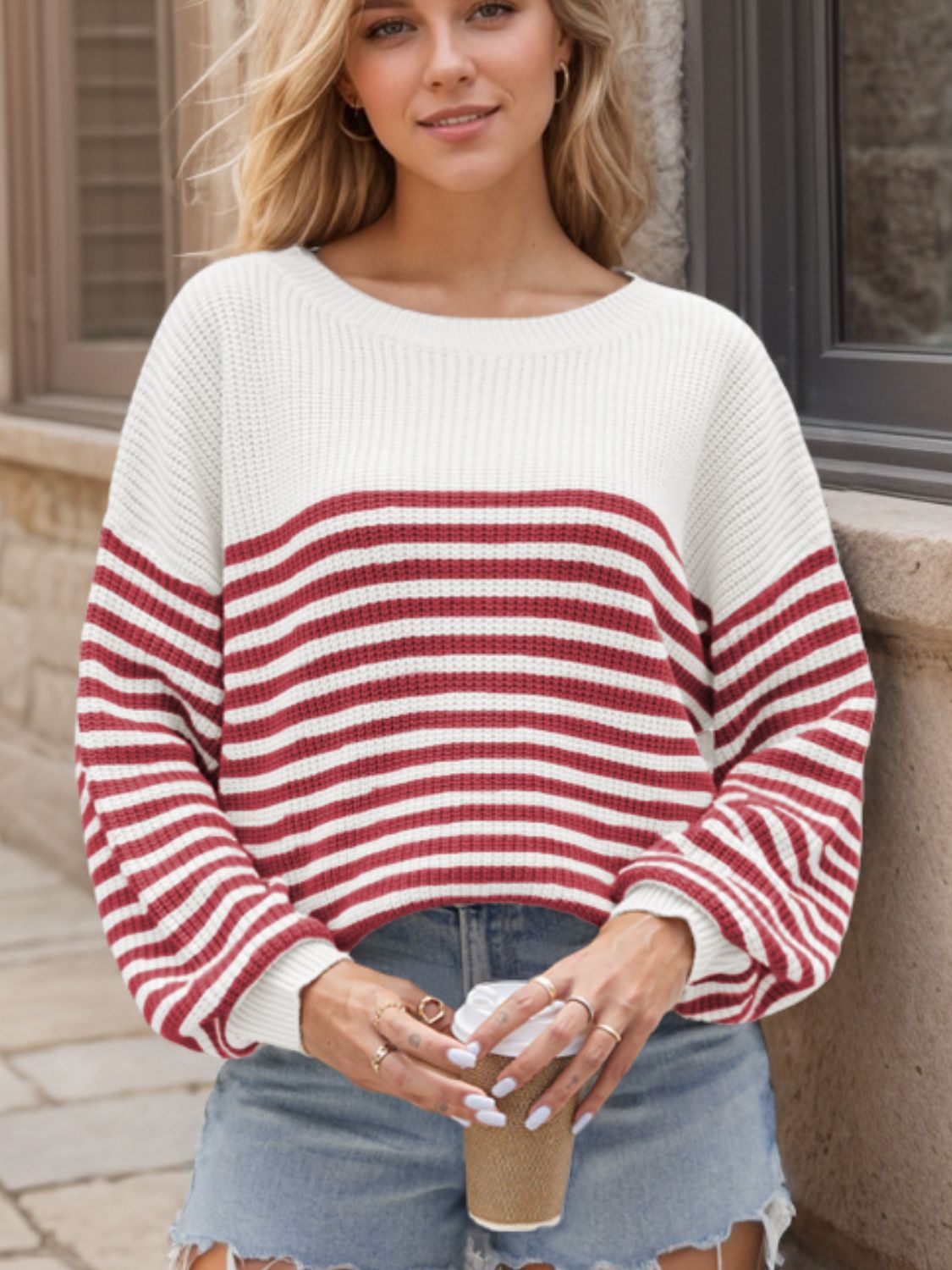 Striped Round Neck Long Sleeve Sweater - Charming Charlie