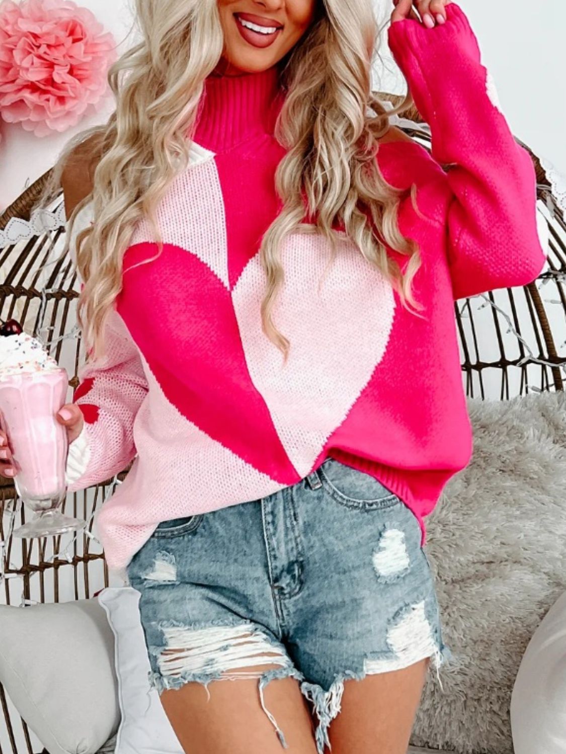 Valentine's Day Heart Turtleneck Cold Shoulder Sweater – Charming