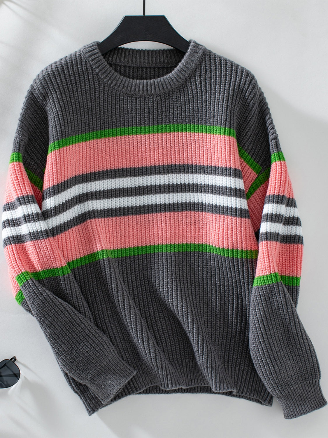 Contrast Stripes Round Neck Long Sleeve Sweater - Charming Charlie