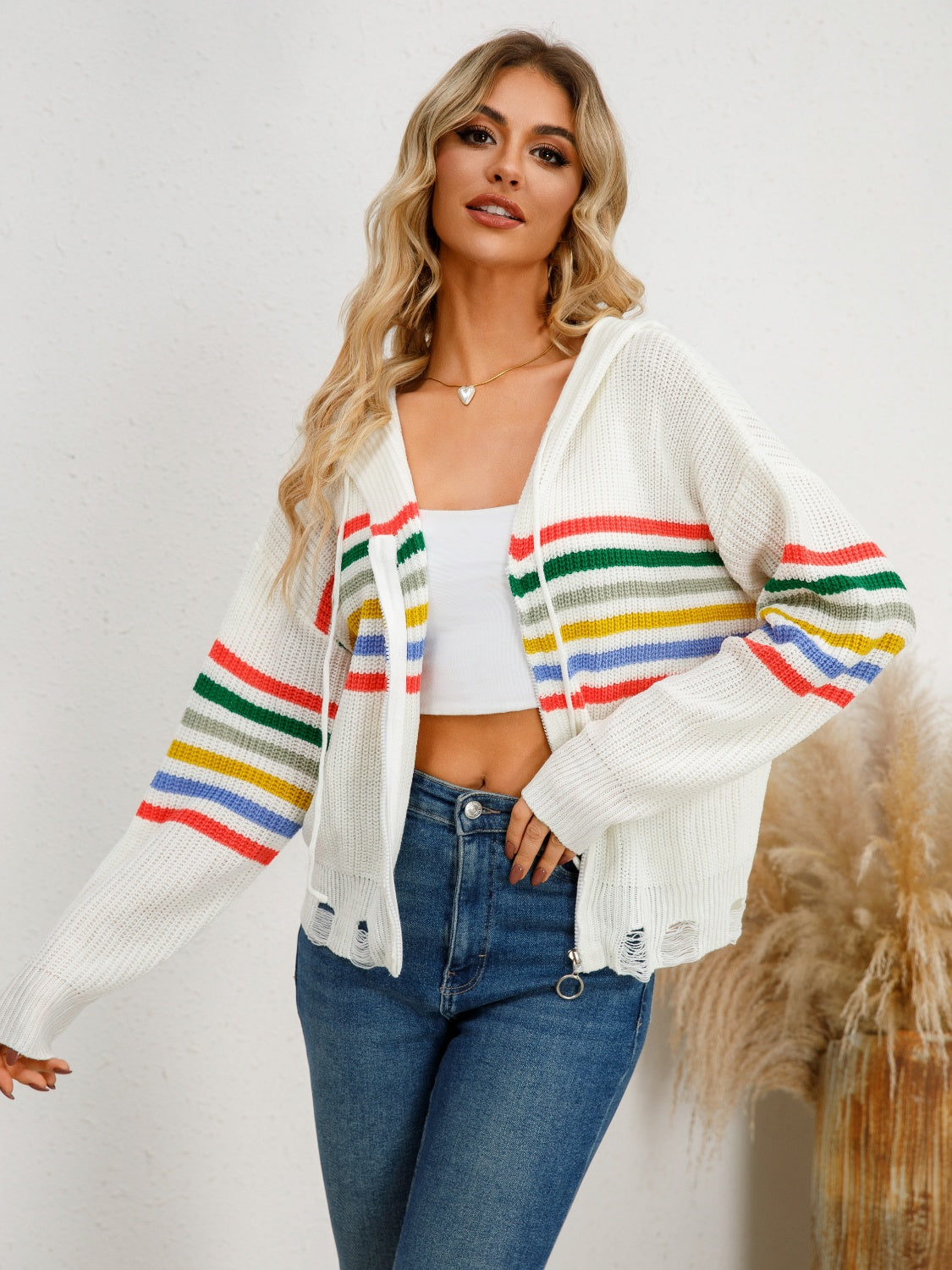 Drawstring Striped Dropped Shoulder Hooded Cardigan - Charming Charlie
