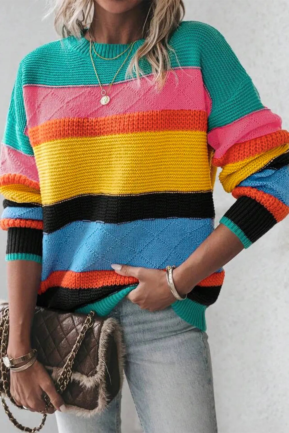 Contrast Round Neck Dropped Shoulder Sweater - Charming Charlie