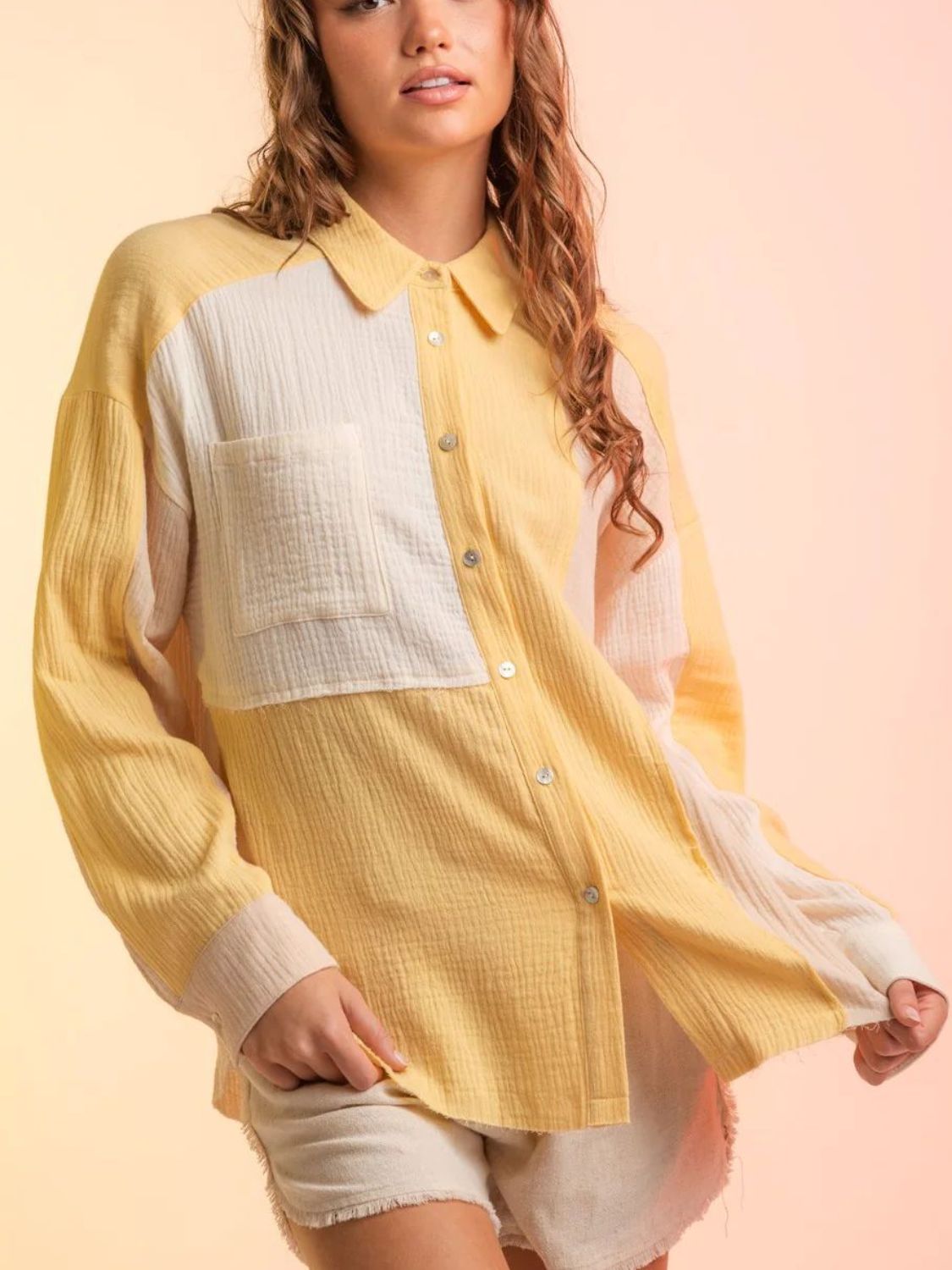 Contrast Button Up Long Sleeve Shirt - Charming Charlie