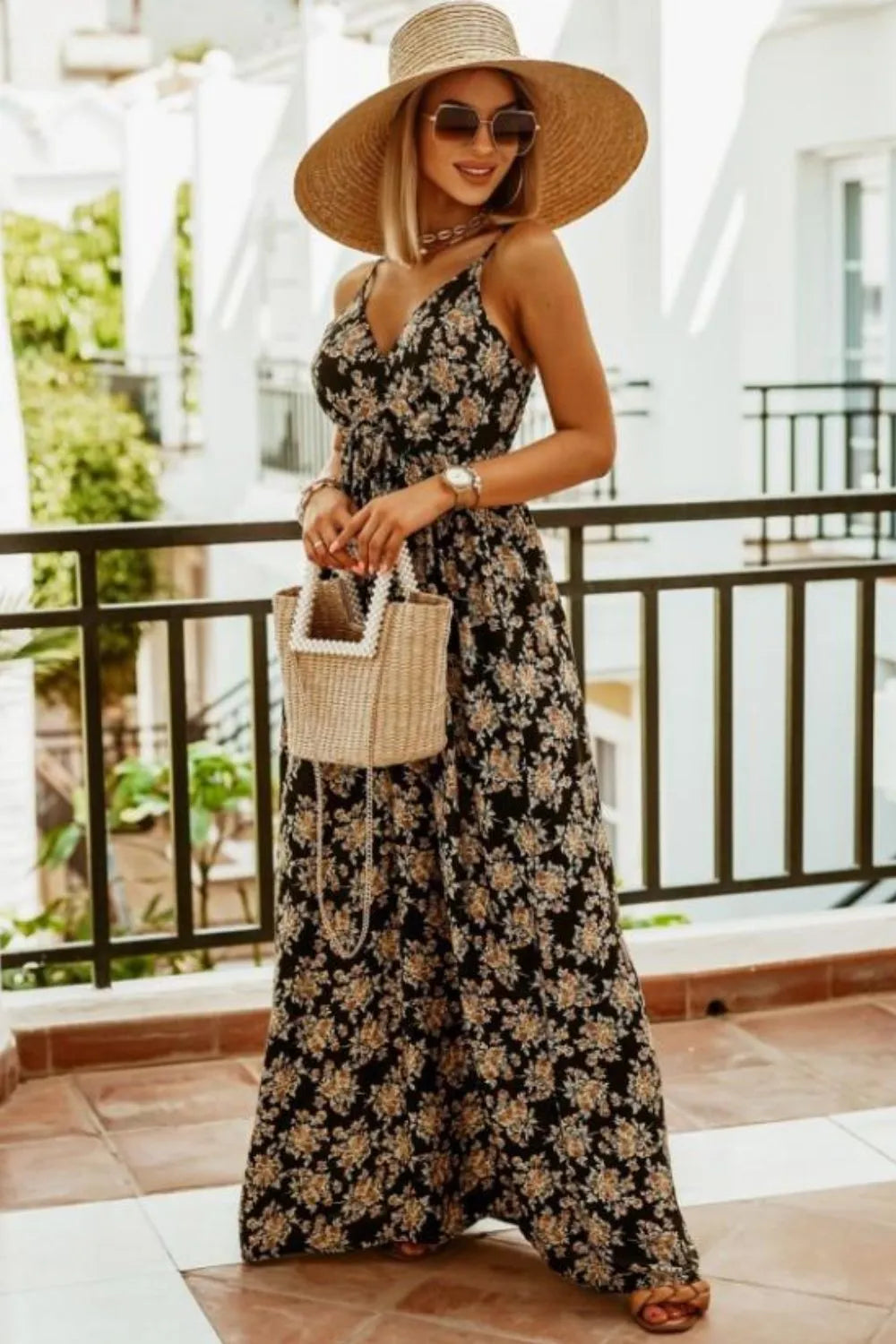 Printed Surplice Spaghetti Strap Dress