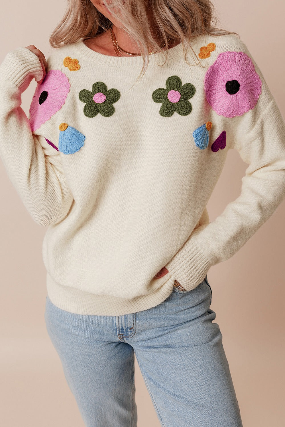 Crochet Flower Round Neck Dropped Shoulder Sweater - Charming Charlie