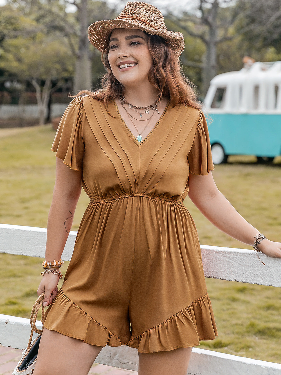 Plus Size Ruffled V-Neck Short Sleeve Romper - Charming Charlie