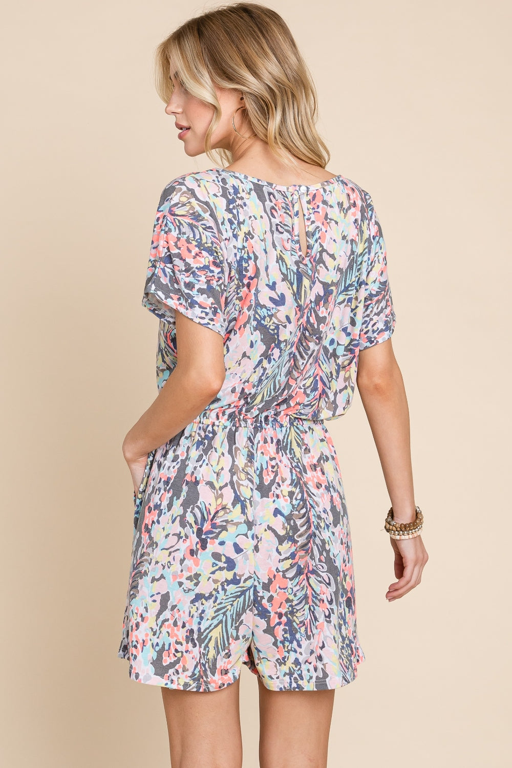 BOMBOM Printed Short Sleeve Drawstring Romper - Charming Charlie