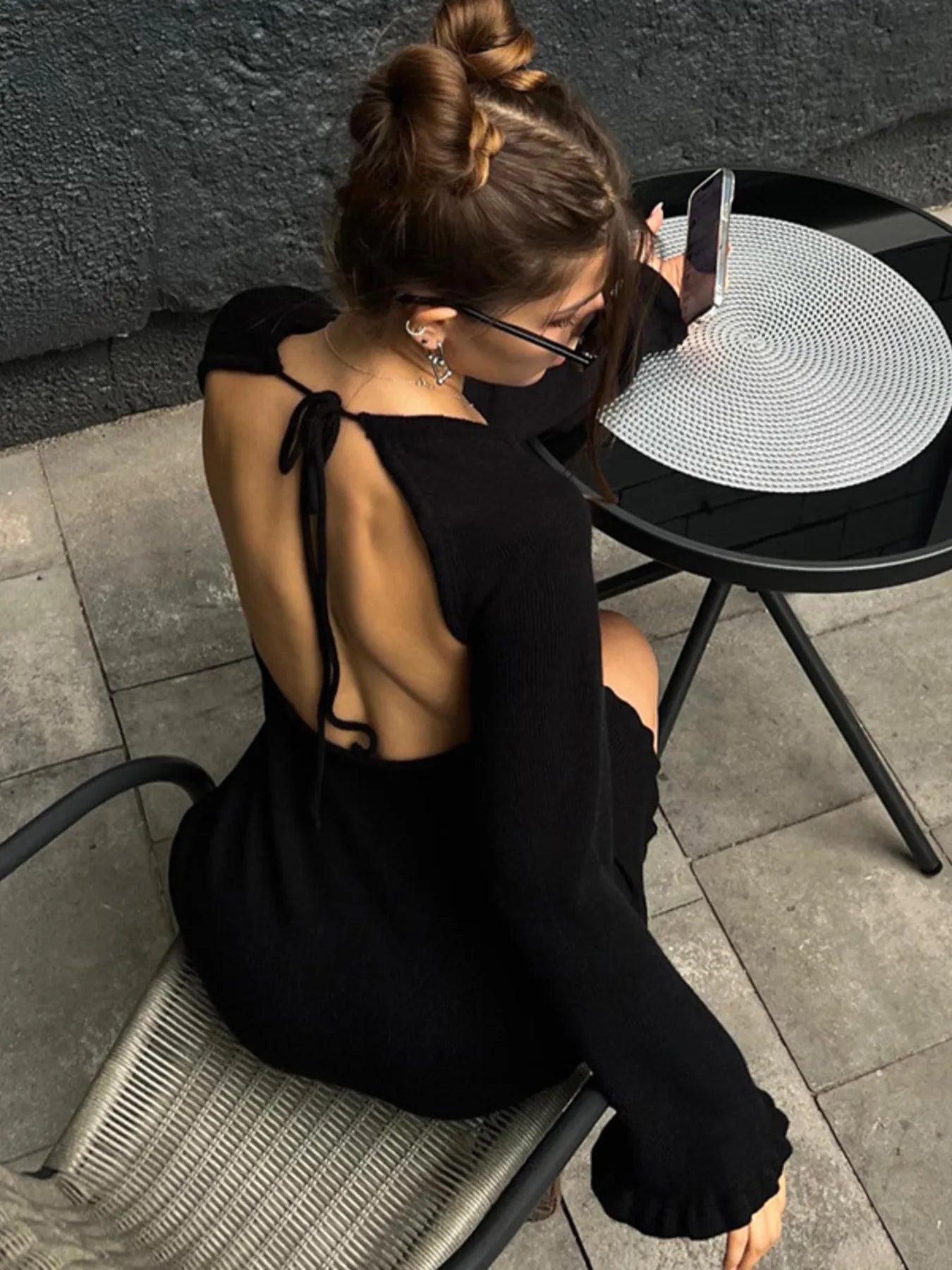 Long Sleeve Backless Sweater Dress Black / S