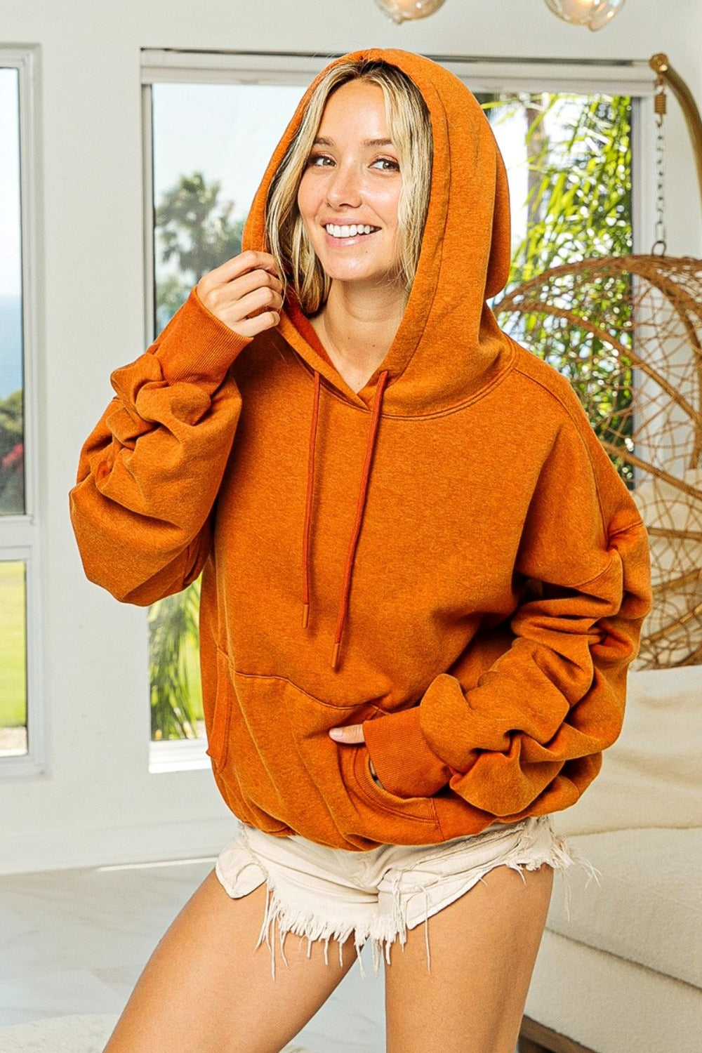 BiBi Ruched Long Sleeve Washed Fleece Hoodie - Charming Charlie