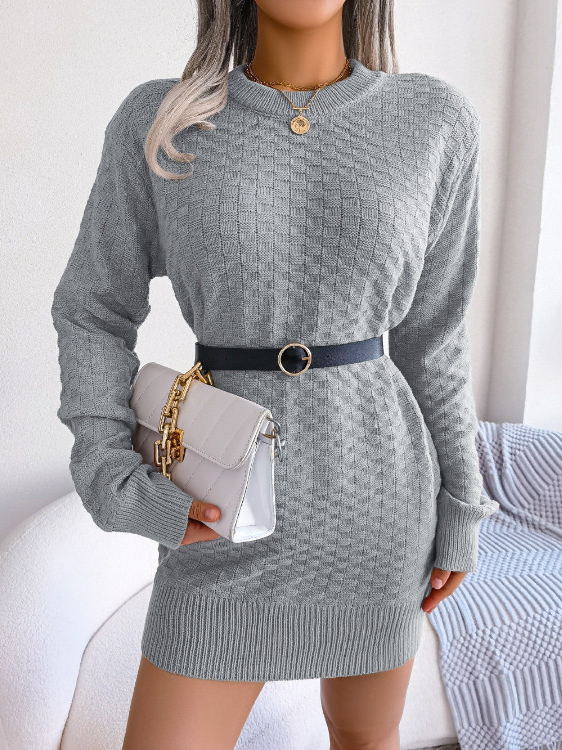 Round Neck Long Sleeve Mini Sweater Dress - Charming Charlie